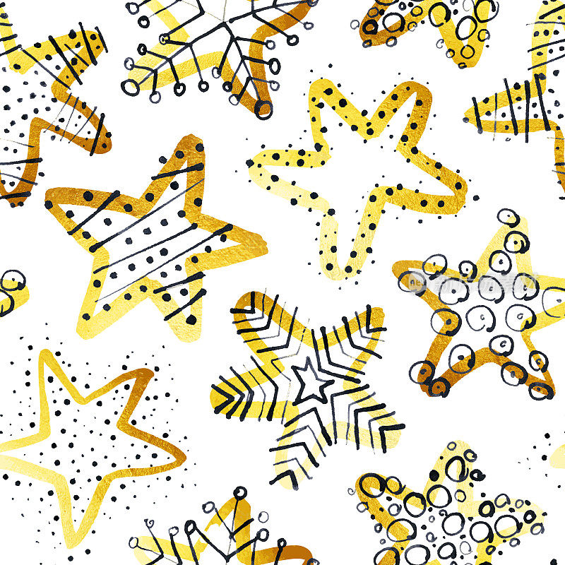 Seamless Christmas pattern illustration with hand painted little stars isolated on white paper background - texture made by black ink brush and decorated by gold acrylic paint - original unique uneven messy doodle design with dots spots and lines